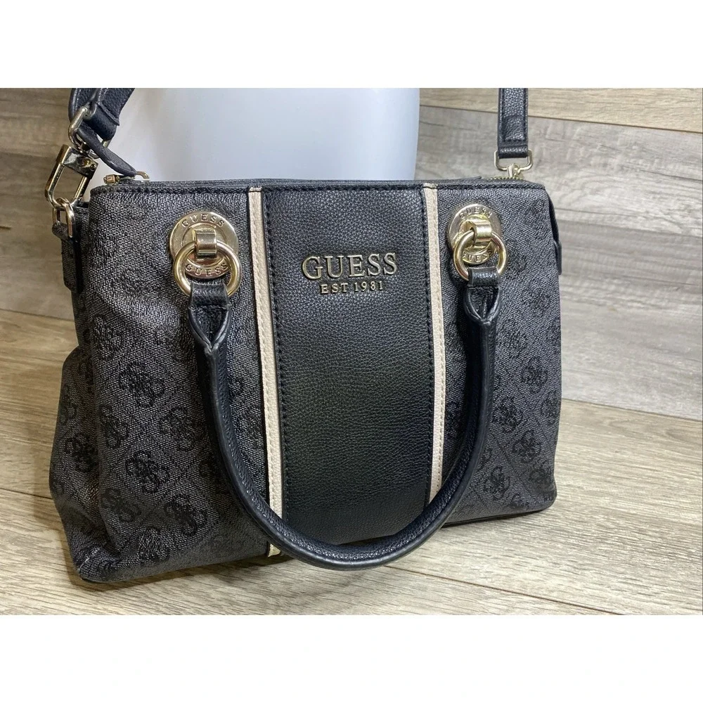 Guess EST 1981 Cathleen Charcoal Black Satchel 3 Compartment Handbag‎